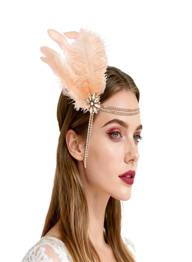 CURASA 1920s Flapper Headpiece Headband Great Gatsby Feather Hairband For Women Rhinestone Hair Accessoreis Showgirl Dresses Vintage Tassel Costume Outfits Roaring 20's Champagne Elastic Head Chain - Image 1